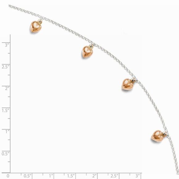 18k Rose Gold Plated And Sterling Silver Puffed Hearts Anklet, 9-10 In - Picture 2 of 4
